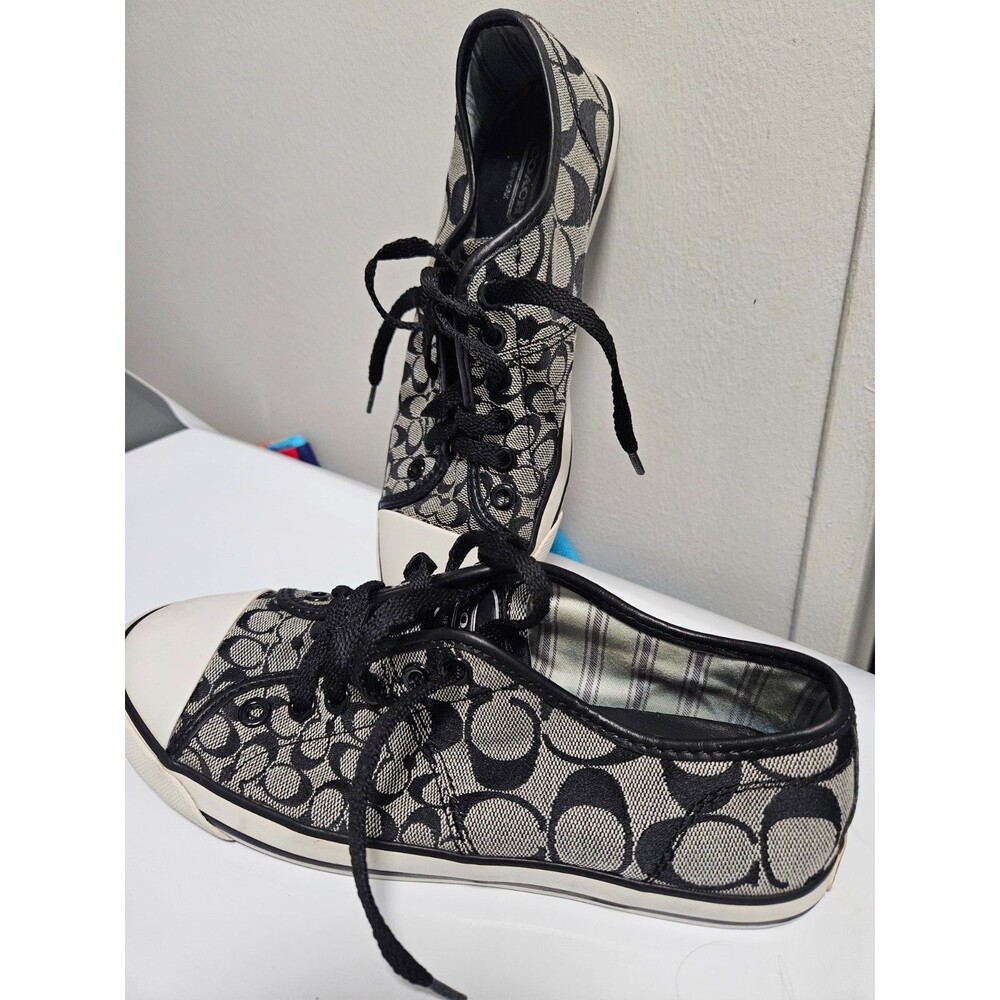 Women COACH BARRETT SIZE 7 B Gray Black Canvas & Patent Leather Sneakers Shoes - Picture 2 of 5